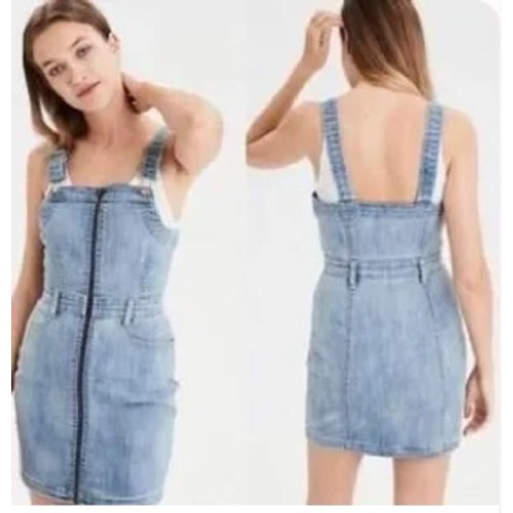 American Eagle‎ AEO Denim Super Stretch Zip Front Mini Overall Dress Size 8-